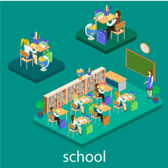 Isometric interior of school. Children learn at school