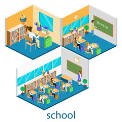 Isometric interior of school. Children learn at school