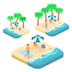 Obraz na płótnie Canvas Isometric infographic landscape with sea and people on the beach. Isometric flat 3D landscape.
