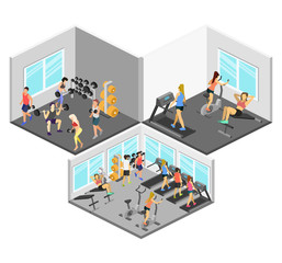 Isometric interior of gym. People involved in sports