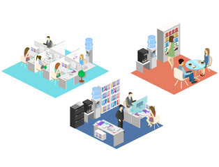 Flat 3d isometric abstract office floor interior departments concept . People working in offices.