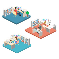 woman sews on the sewing machine. Isometric room interior. Flat 3D object.