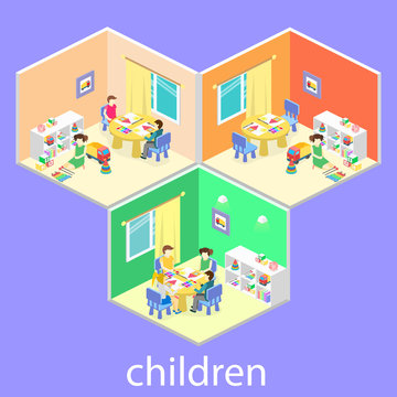 Isometric interior of room in the kindergarten. Children draw. Flat 3D illustration