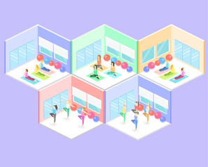 Isometric interior of yoga class. people do yoga.