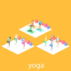 Isometric interior of yoga class. people do yoga.