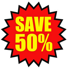 Discount 50 percent off. 3D illustration on white background.