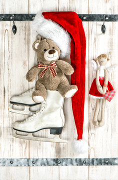 Teddy Bear, angel and Red Santas hat with white ice skates