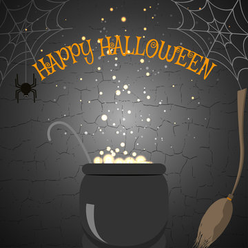 Vector illustration of Halloween poster with broom, cauldron, spider on the cracked background.
