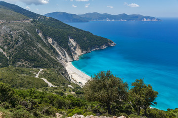 Obraz premium Blue water of beautiful Myrtos beach, Kefalonia, Ionian islands, Greece