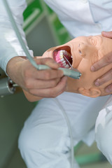 Male dental student practicing on doll.