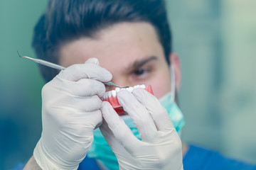 Dental prosthesis, dentures, prosthetics work. Dental students while working on the denture, false teeth, a study and a table with dental tools.