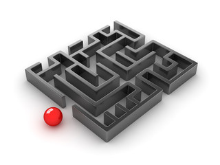 Black maze and red ball on the white background