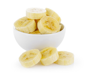 slice banana in bowl on white background