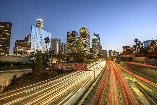 Downtown Los Angeles at night with light trails
