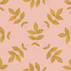 Floral seamless pattern with gold branches and leaves on pink. Autumn leaf background can be used for pattern fills, web page background, surface textures. Vector illustration.