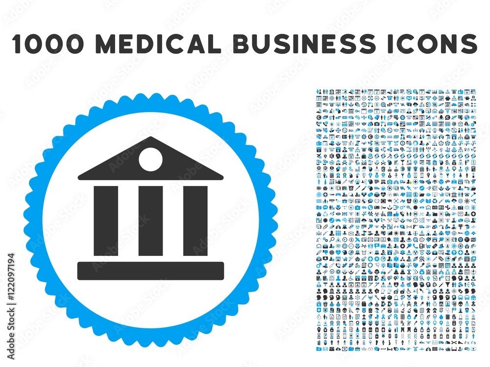 Wall mural Bank icon with 1000 medical commerce gray and blue vector design elements. Collection style is flat bicolor symbols, white background.