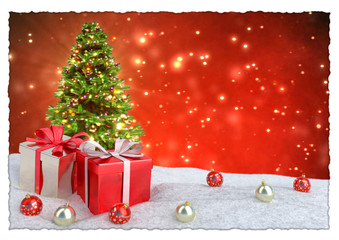 Christmas tree and gifts in snow on bokeh red background. 3D render.