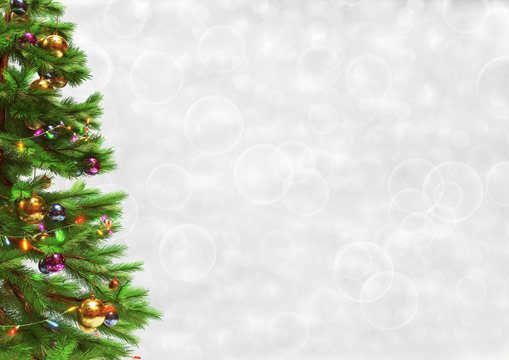 Decorated christmas tree on bokeh background. 3D render.