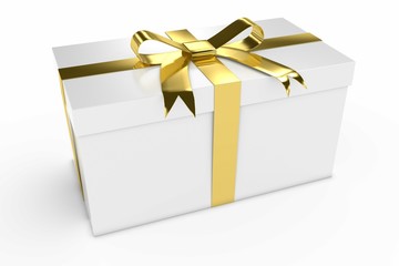 White Gift Box Present with Gold Shiny Ribbon 3D Illustration