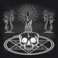 Skull and candles on chalckboard vector illustration. Occult design chalk sketch