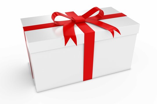 Christmas Present - White Gift Box Tied with Red Bow 3D Illustration