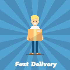 Smiling delivery boy with cardboard box isolated on striped blue background. Fast delivery banner, vector illustration. Professional courier service. Shipping and moving. Postman character