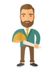 Young construction worker holding hard hat and blueprint.