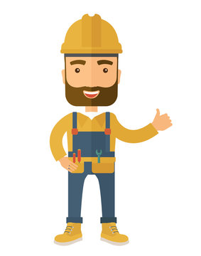 Illustration of a happy carpenter wearing hard hat and overalls Stock  Illustration | Adobe Stock