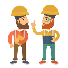 Two workers talking.