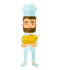 Chef presenting a tasty cooked turkey.