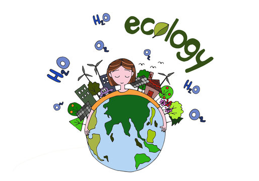ecology green world concept. hand drawing a girl hug the world