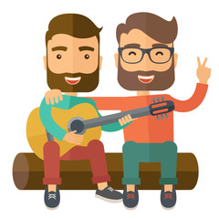 Two men playing a guitar.