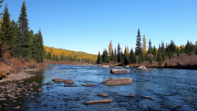 Mountain river Multa near lake Lower Multinskoe in Altai at autumn time, Russia