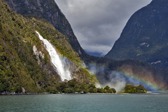 Rainbows at Lady Bowen Falls, Milford Sound, New Zealand