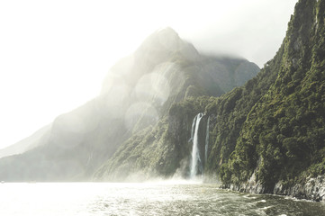 Stirling Falls , Milford Sound, Fiordland, South Island of New Zealand - obrazy, fototapety, plakaty