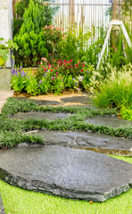 Stone pathway in garden./ Stone walkway in cozy garden with flower and plant.
