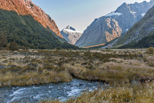 Scenic lookout of Hollyford Valley at Monkey Creek on Milford Road to Milford Sound, New Zealand