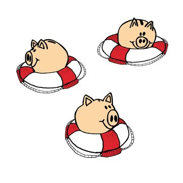 Drei Sparschweine schwimmen mit Rettungsreifen im Wasser - Geld retten gerettet - Zeichnung Illustration gemalt - f&uuml;r Lehrer Trainer Dozenten