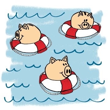 Sparschweine schwimmen mit Rettungsreifen im Wasser - Geld retten gerettet - Zeichnung Illustration gemalt - f&uuml;r Lehrer Trainer Dozenten
