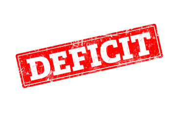 DEFICIT written on red rubber stamp with grunge edges.
