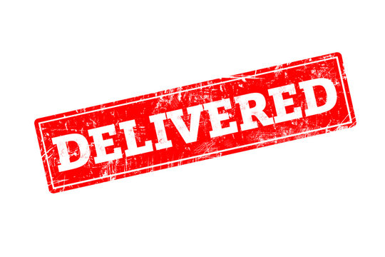 DELIVERED written on red rubber stamp with grunge edges.