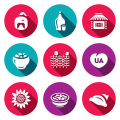 Vector Set of Ukraine Icons. Kazak, Vodka, Village, Potato, Wicker Fence, Patriot, Sunflower, Cuisine, Dumplings.