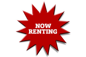 NOW RENTING written on red sticker.