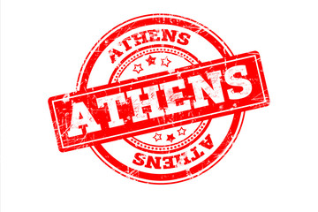 ATHENS written on red grunge round vintage rubber stamp.