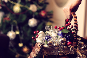 Christmas toys in a wicker basket