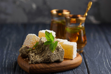 Turkish delight, halva and tea.