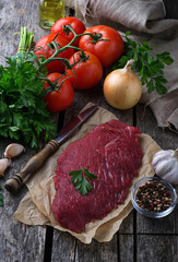 Raw fresh beef steak and vegetable