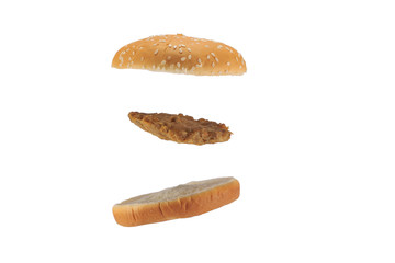 Hamburger bread and meat on white background.