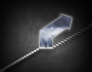 businessman looking out of window with city view, successful decision making concept