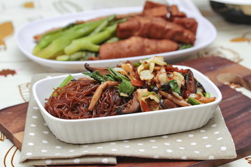 Chinese Vegetable festival  food as fried vermicelli with mixed vegetable.Selective focus.